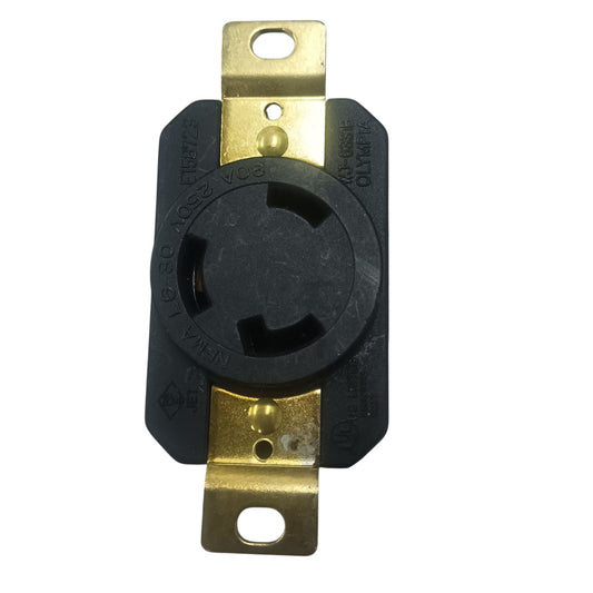 Black electrical plug with brass connectors on a white background Grippes 30A Twist Lock Outlet with Stainless Plate 2P+E (3P) 250V(NEMA L6) WJ6331B and 9221, Twistlock Electx Electrical Supply