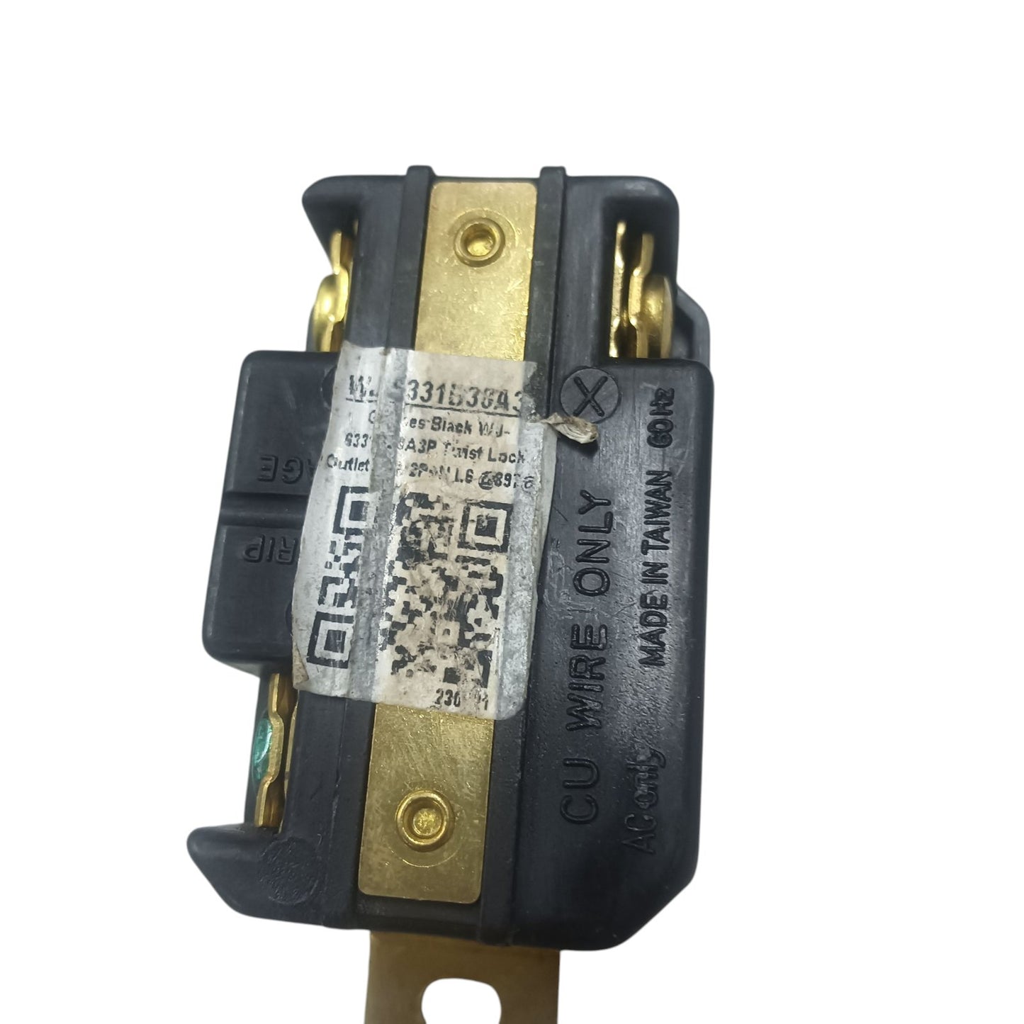 Electrical plug with labels and a QR code on a white background Grippes 30A Twist Lock Outlet with Stainless Plate 2P+E (3P) 250V(NEMA L6) WJ6331B and 9221, Twistlock Electx Electrical Supply