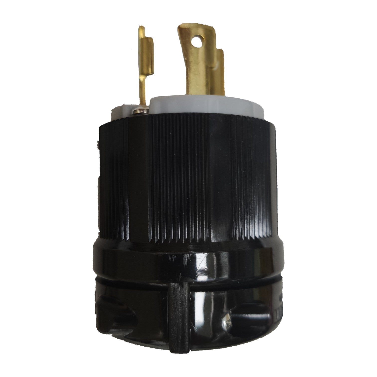 Black electrical plug with brass contacts on a white background Grippes 30A Twist Lock Plug 2P+E (3P) 250V NEMA L6 BL630P Twistlock Plug Electx Electrical Supply
