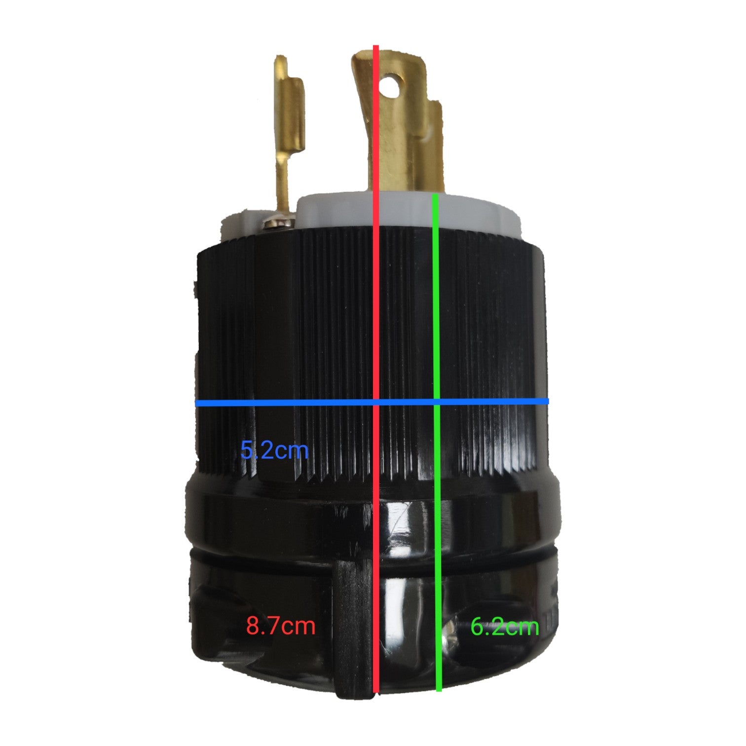 Electrical plug with measurement markings on a white background Grippes 30A Twist Lock Plug 2P+E (3P) 250V NEMA L6 BL630P Twistlock Plug Electx Electrical Supply