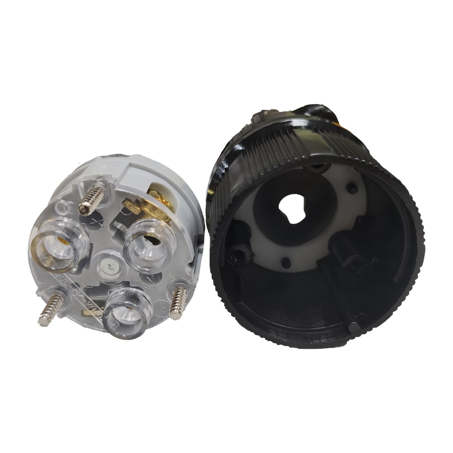 Two mechanical components, one metallic and one black, on a white background Grippes 30A Twist Lock Plug 2P+E (3P) 250V NEMA L6 BL630P Twistlock Plug Electx Electrical Supply