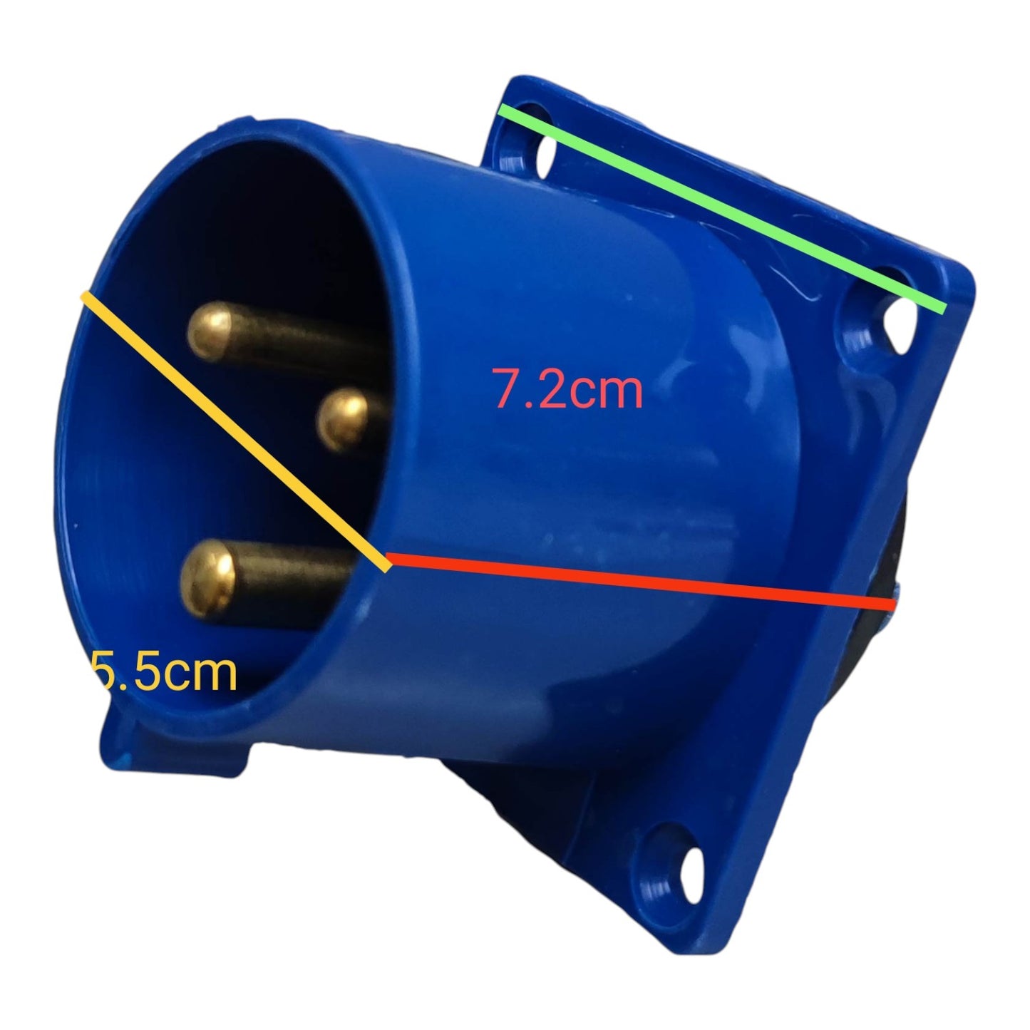 Blue electrical plug with measurements indicated on a white background
