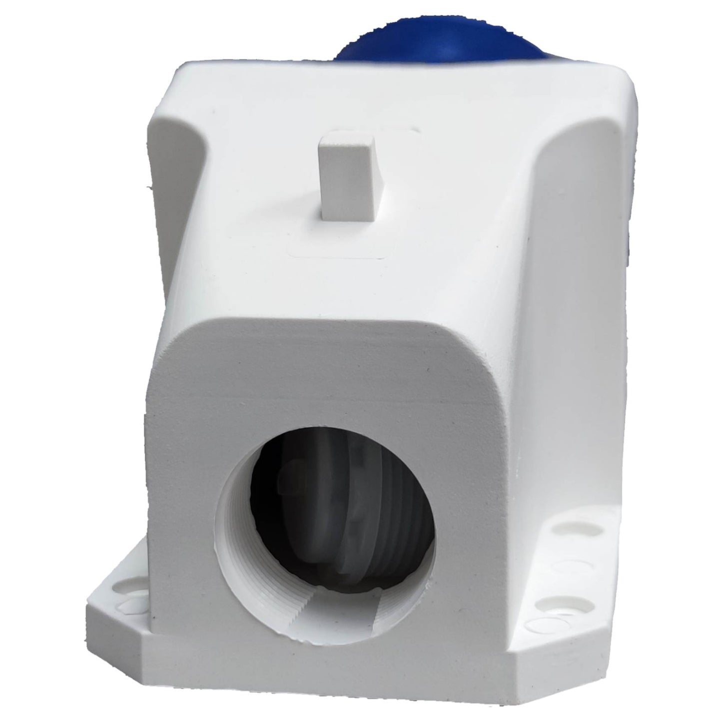 White mechanical component with a blue top on a white background