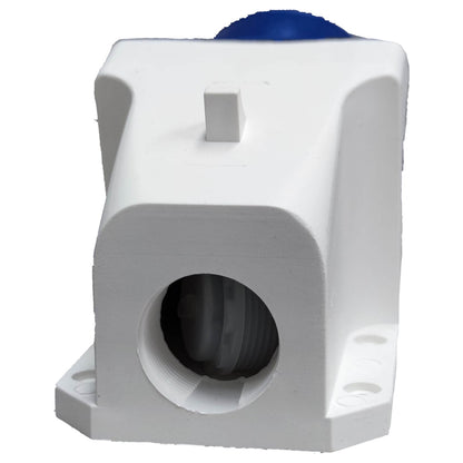 White mechanical component with a blue top on a white background