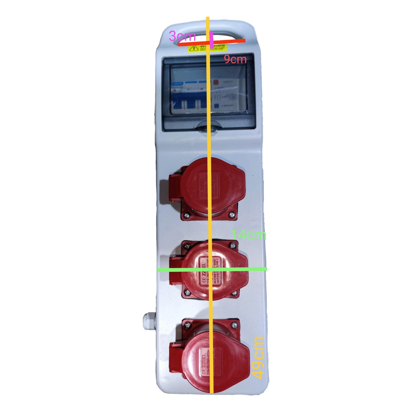Electrical panel with red switches and measurement markings on a white background