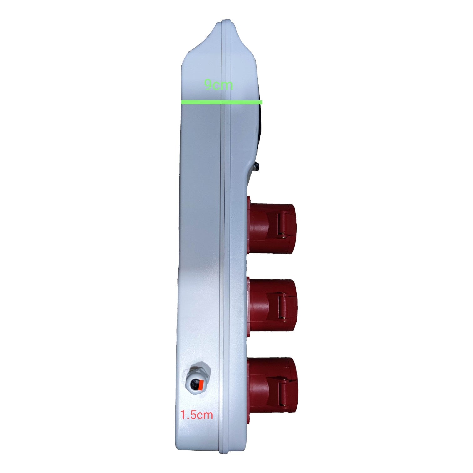 Traffic light-style device with three red lights on a white background