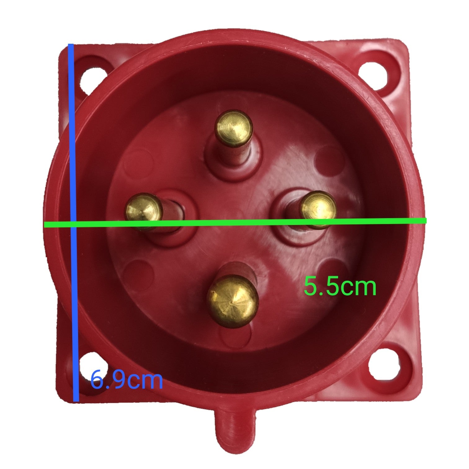 Red electrical connector with gold screws and measurements on a white background