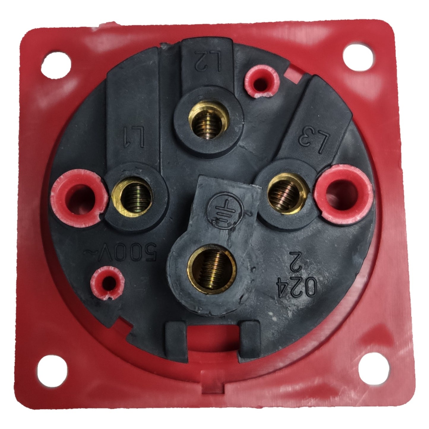 Electrical junction box with red cover and black interior on a white background