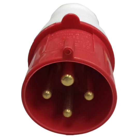 Red electrical plug with gold contacts on a white background