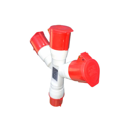 Red and white plastic valve on a white background Grippes 32A 3P+E Industrial Splitter 1xMale 3xFemale (4 Pins) IP44 220V IEC309-2 # 1024 Electx Electrical Supply