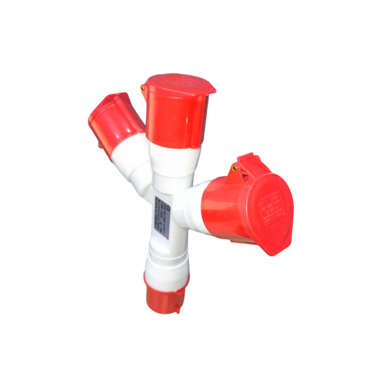 Red and white plastic valve on a white background Grippes 32A 3P+E Industrial Splitter 1xMale 3xFemale (4 Pins) IP44 220V IEC309-2 # 1024 Electx Electrical Supply