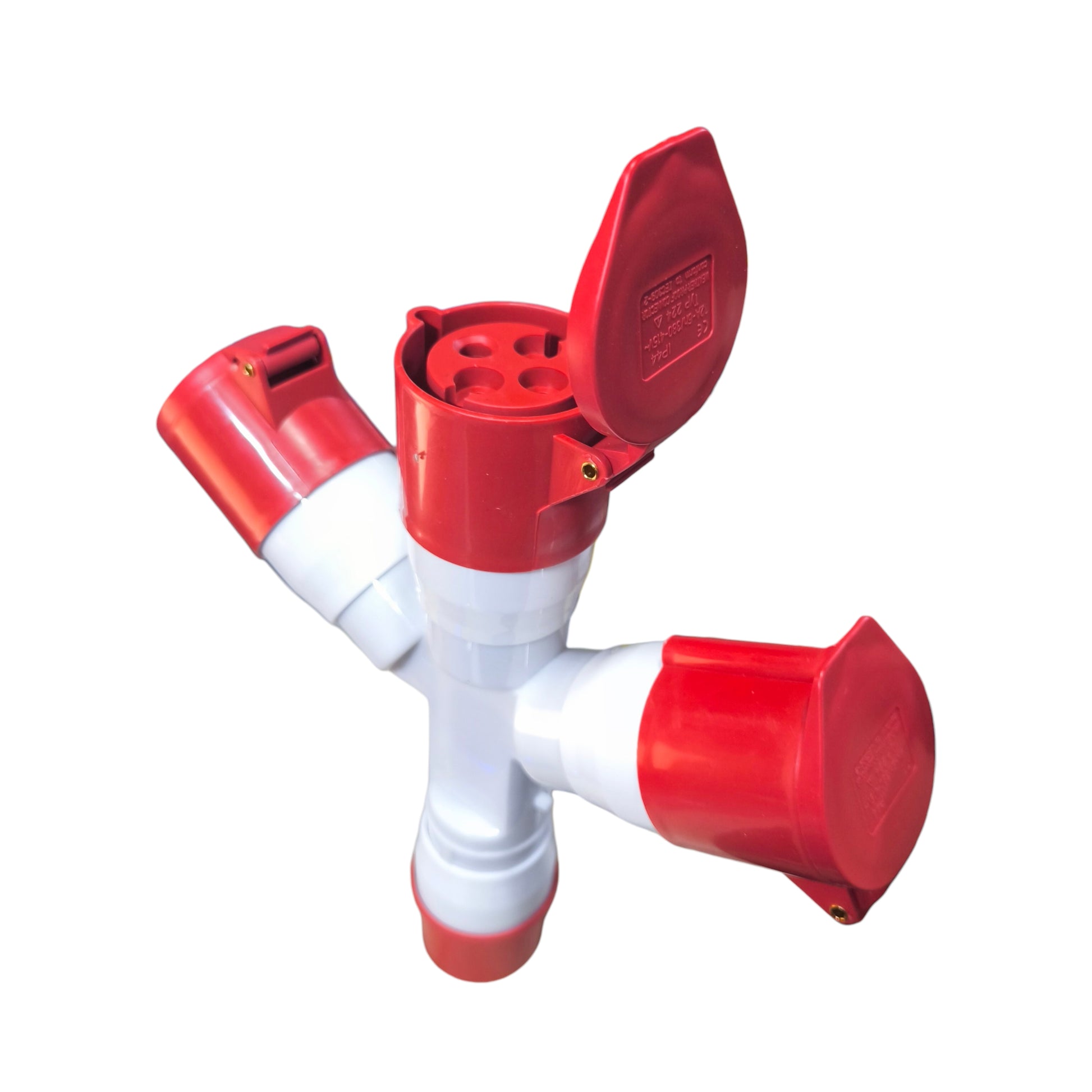 Red and white plastic valve on a white background Grippes 32A 3P+E Industrial Splitter 1xMale 3xFemale (4 Pins) IP44 220V IEC309-2 # 1024 Electx Electrical Supply