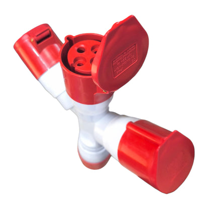Red and white plastic valve on a white background Grippes 32A 3P+E Industrial Splitter 1xMale 3xFemale (4 Pins) IP44 220V IEC309-2 # 1024 Electx Electrical Supply