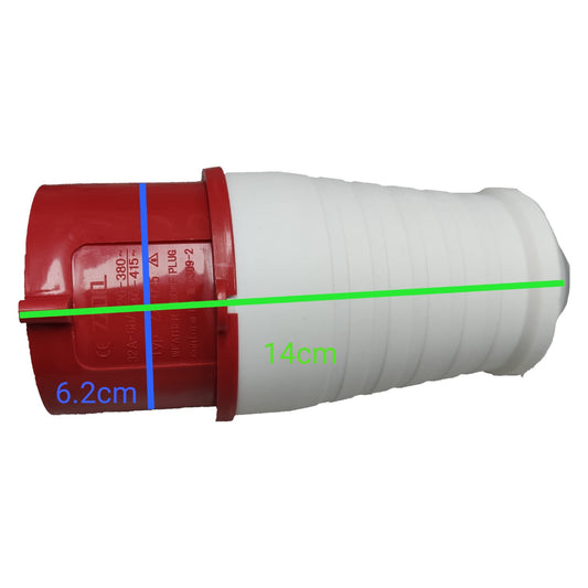 Red and white electrical plug with measurements on a white background
