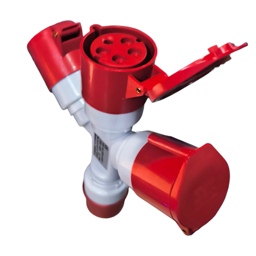 Red and white mechanical device on a white background