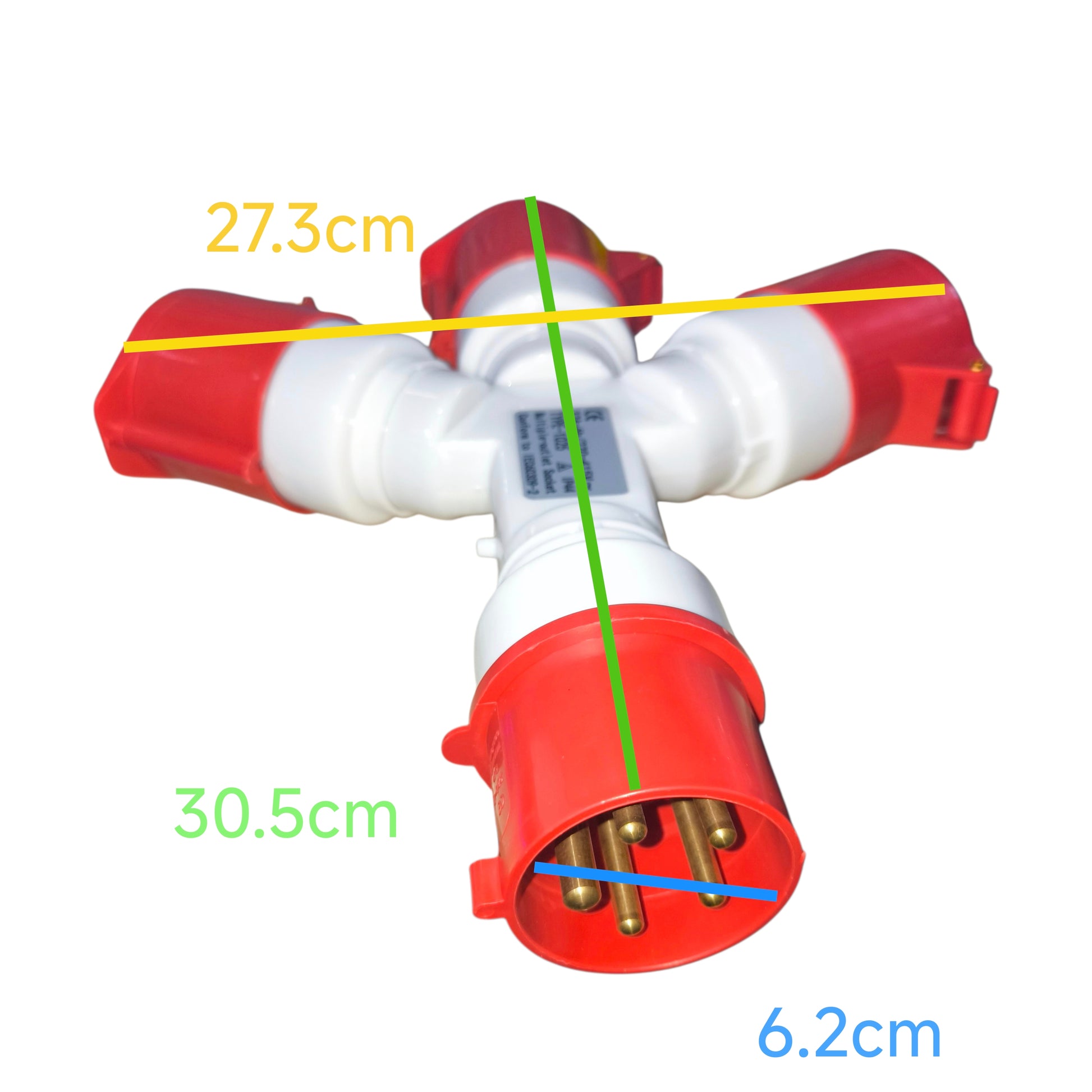 Red and white water pump with measurements on a white background