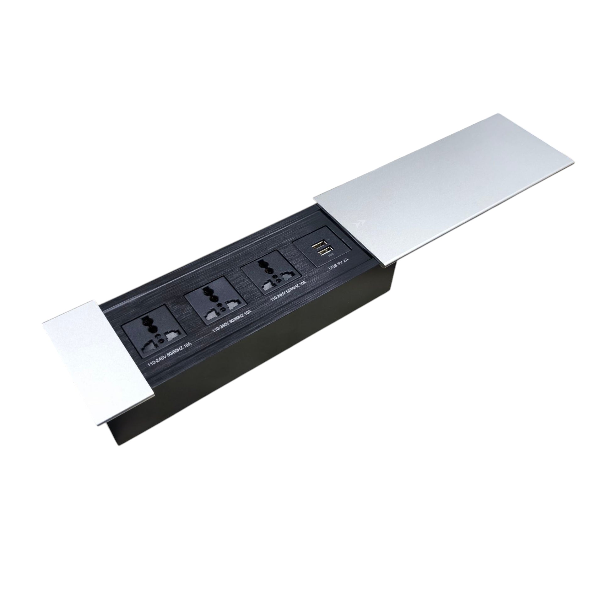 Grippes 3 Gang Universal Outlet with Ground 10A 220V Desk Top Sliding Cover Silver with 2 USB 5V 2A
