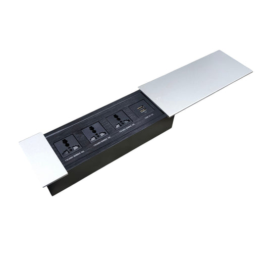 Grippes 3 Gang Universal Outlet with Ground 10A 220V Desk Top Sliding Cover Silver with 2 USB 5V 2A