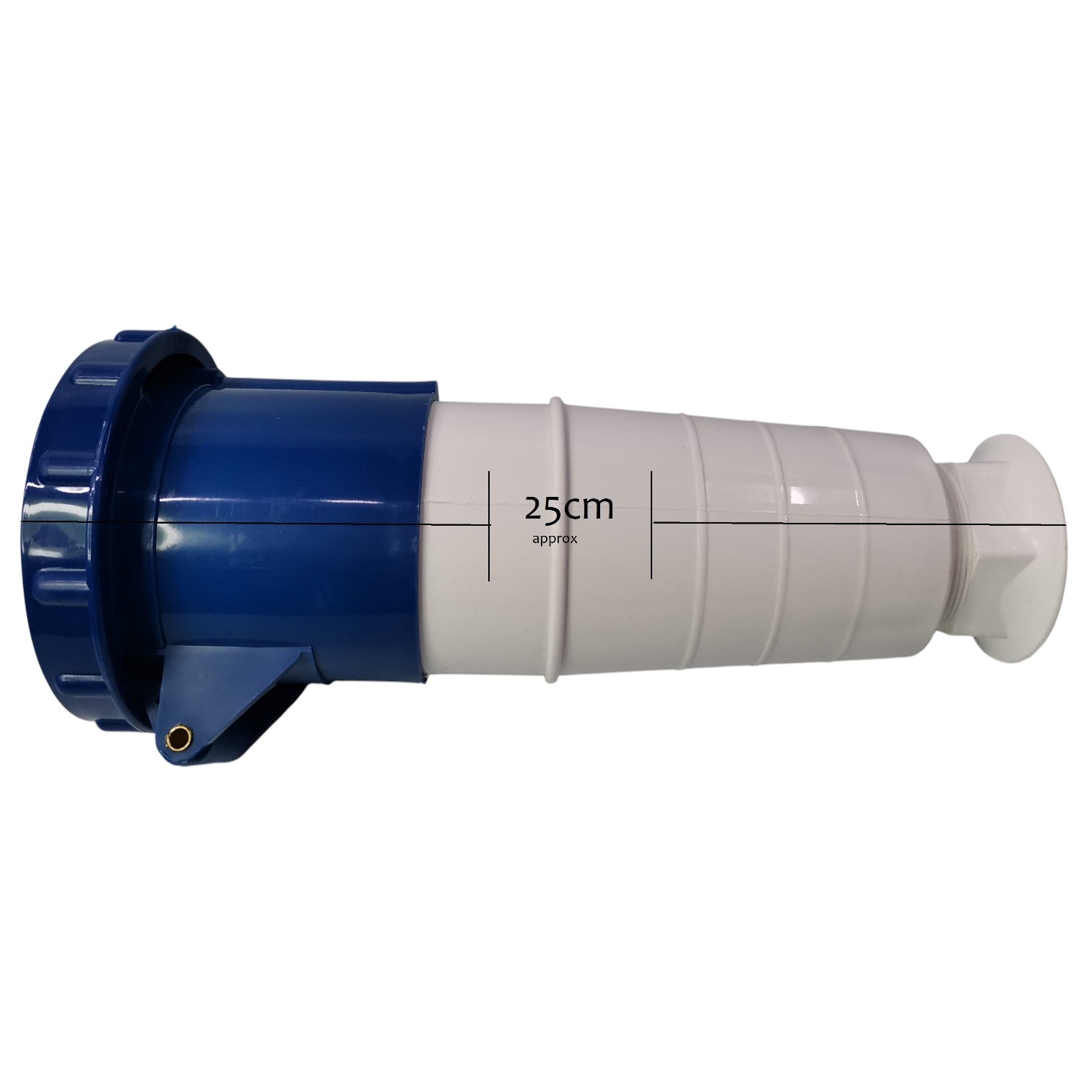 White and blue cylindrical object with measurement label on a white background