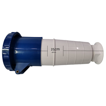 White and blue cylindrical object with measurement label on a white background