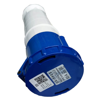 Blue and white mechanical component with QR codes on a white background