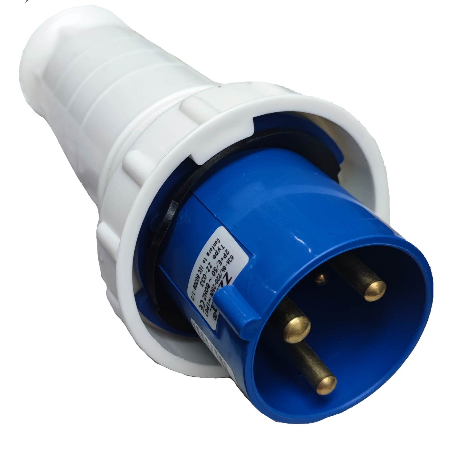 Blue and white electrical plug on a white background
