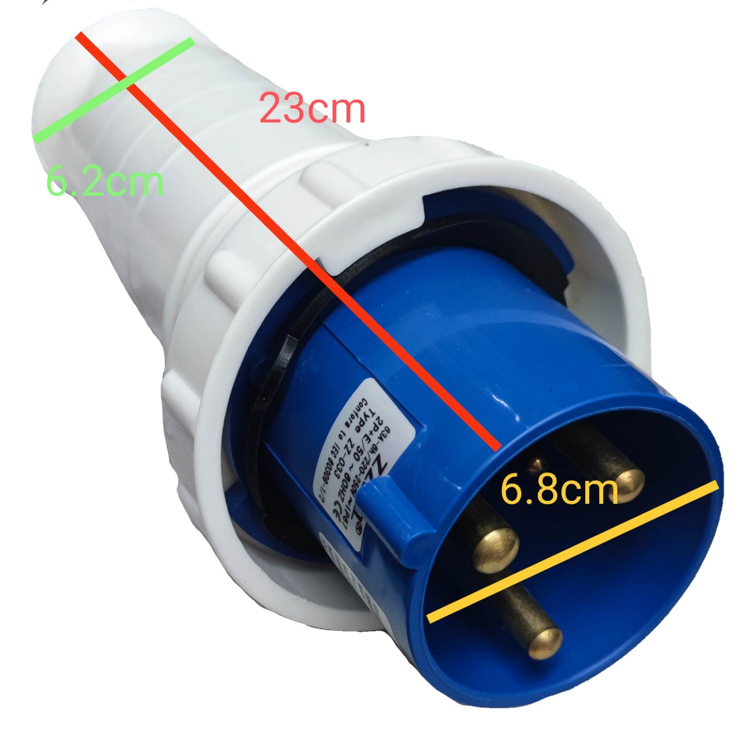 Electrical plug with measurements marked on a white background