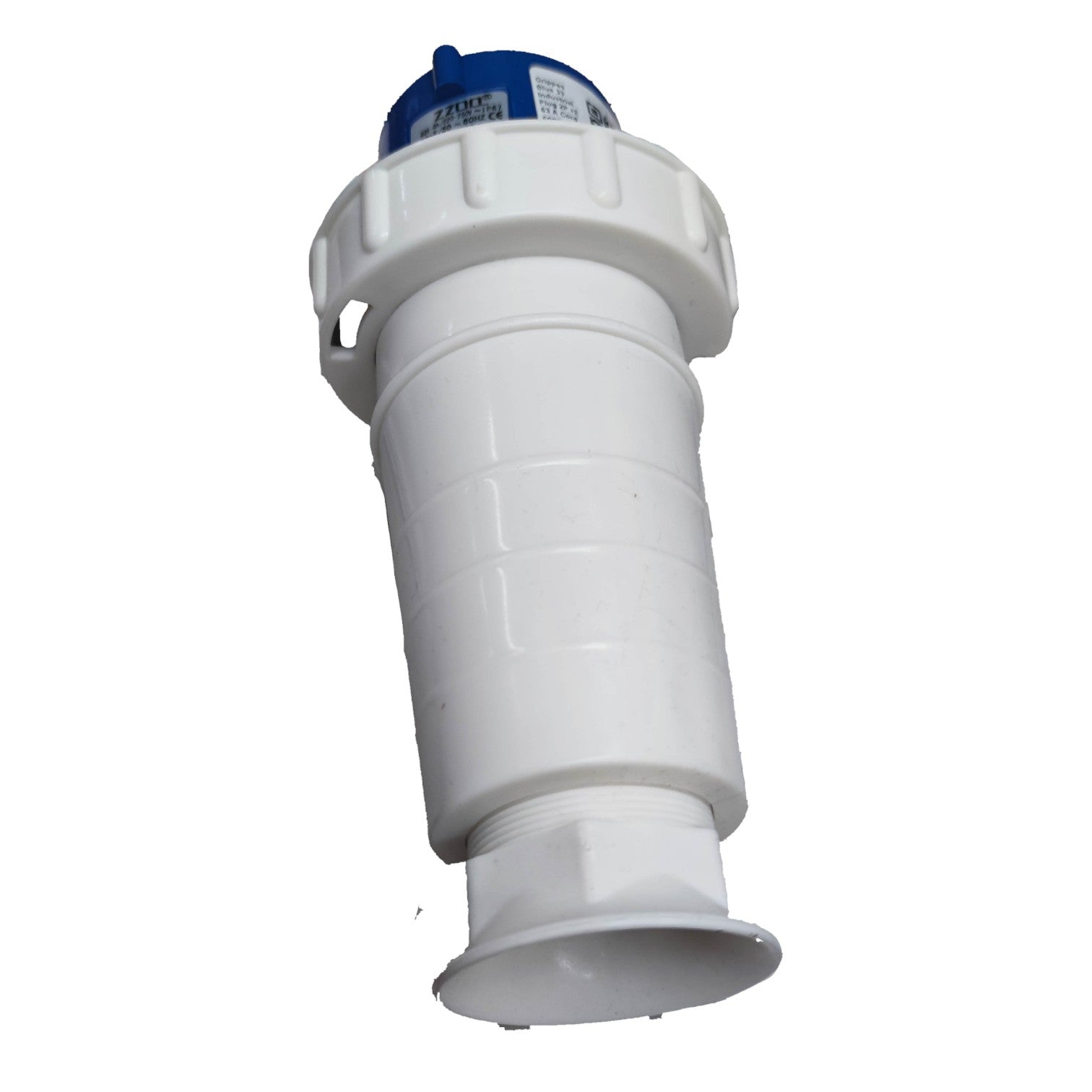 White plastic fitting with blue top on a white background