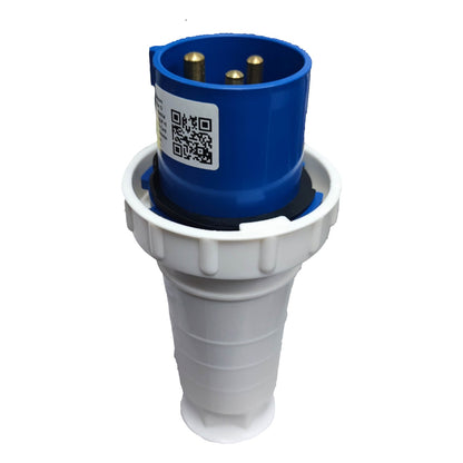 Blue and white electrical plug on a white background