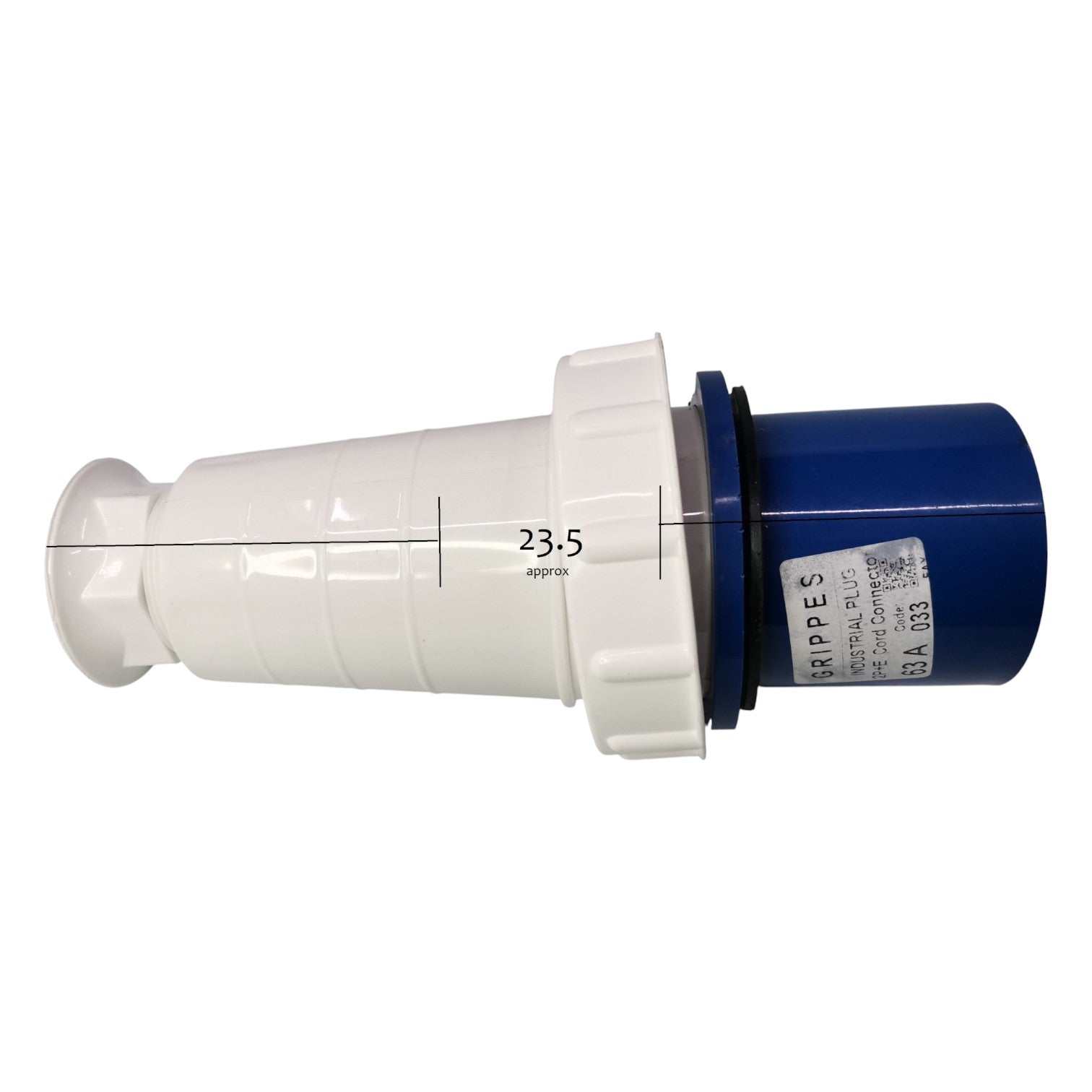 Plumbing fitting with white and blue components on a white background
