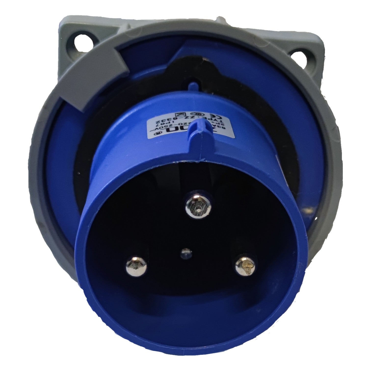 Blue electrical plug with gray housing on a white background