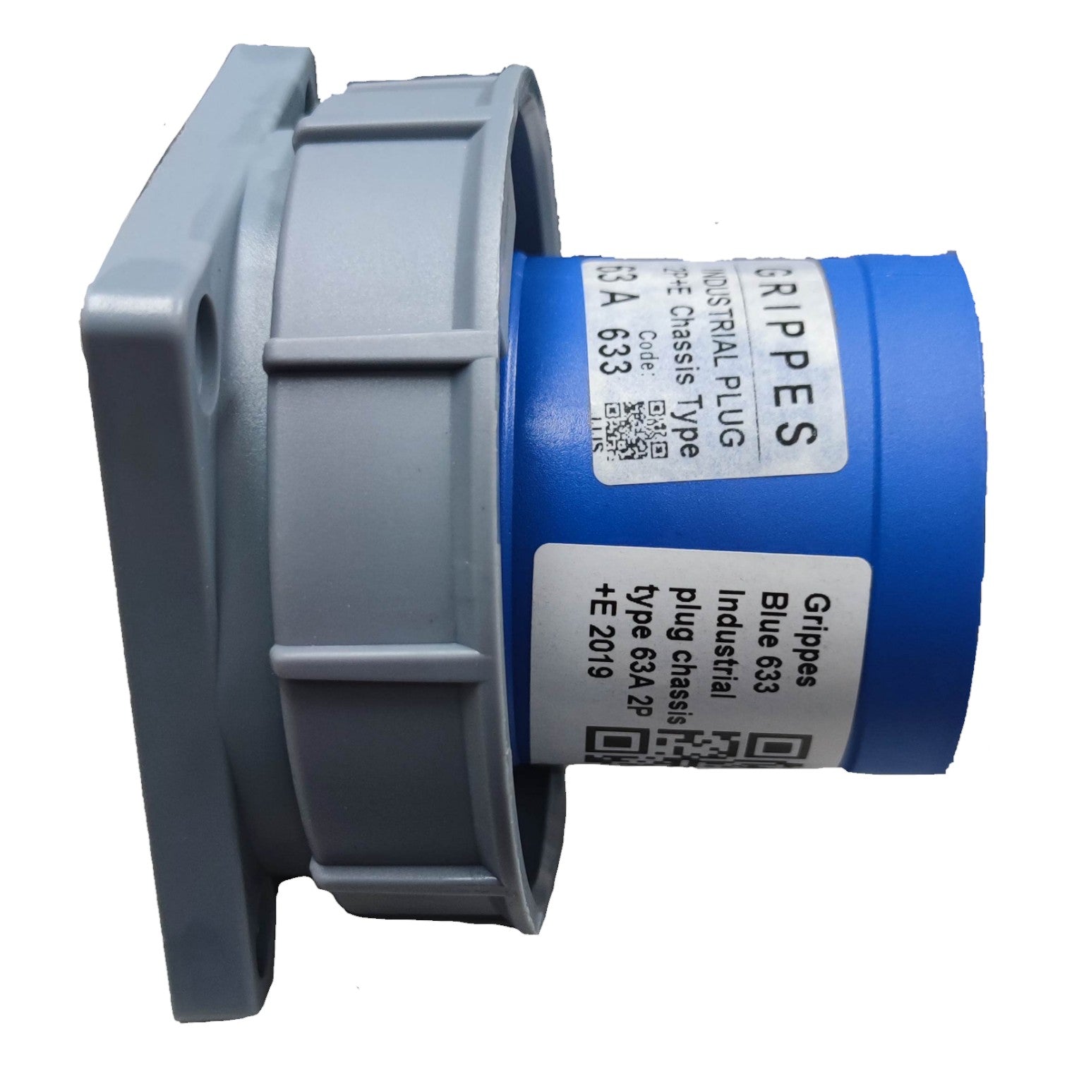 Gray and blue industrial plug with Grippes branding on a white background