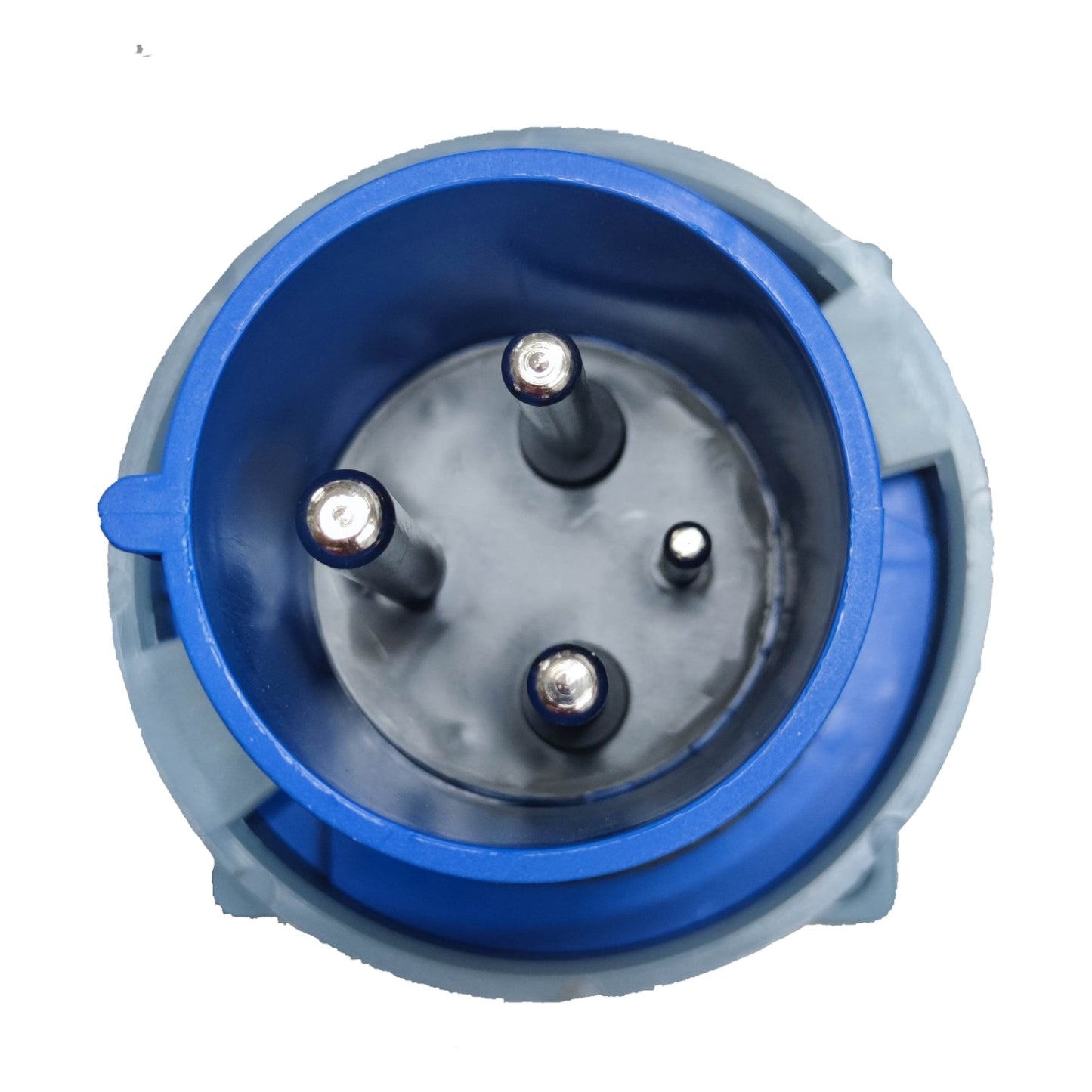 Electrical plug with blue and gray design on a white background