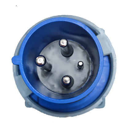 Electrical plug with blue and gray design on a white background