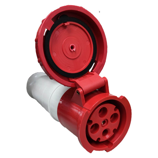 Red and white electrical plug on a white background