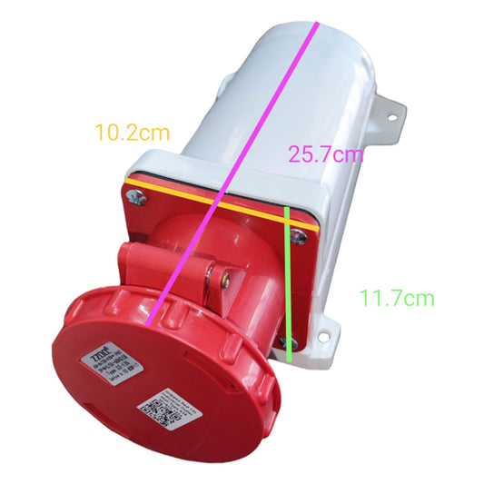 Red and white mechanical component with dimensions labeled on a white background