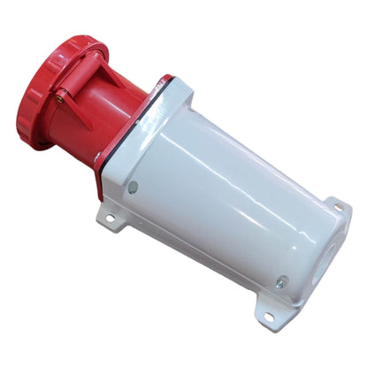 Red and white cylindrical electrical connector on a white background