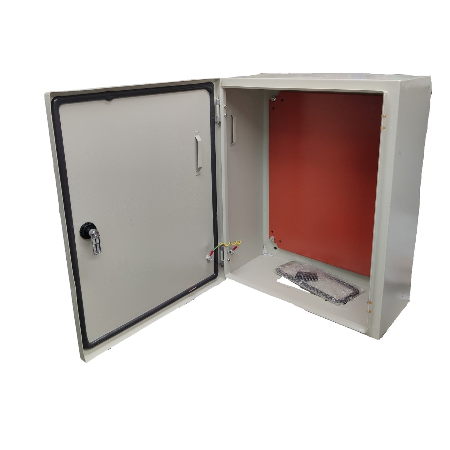 Metallic control panel with open door on a white background