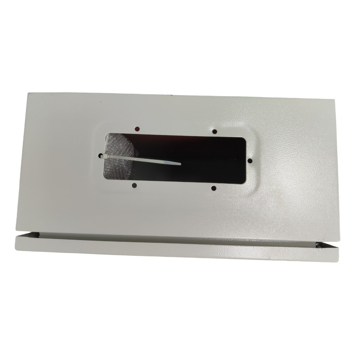 Metallic rectangular object with a central cutout on a white background