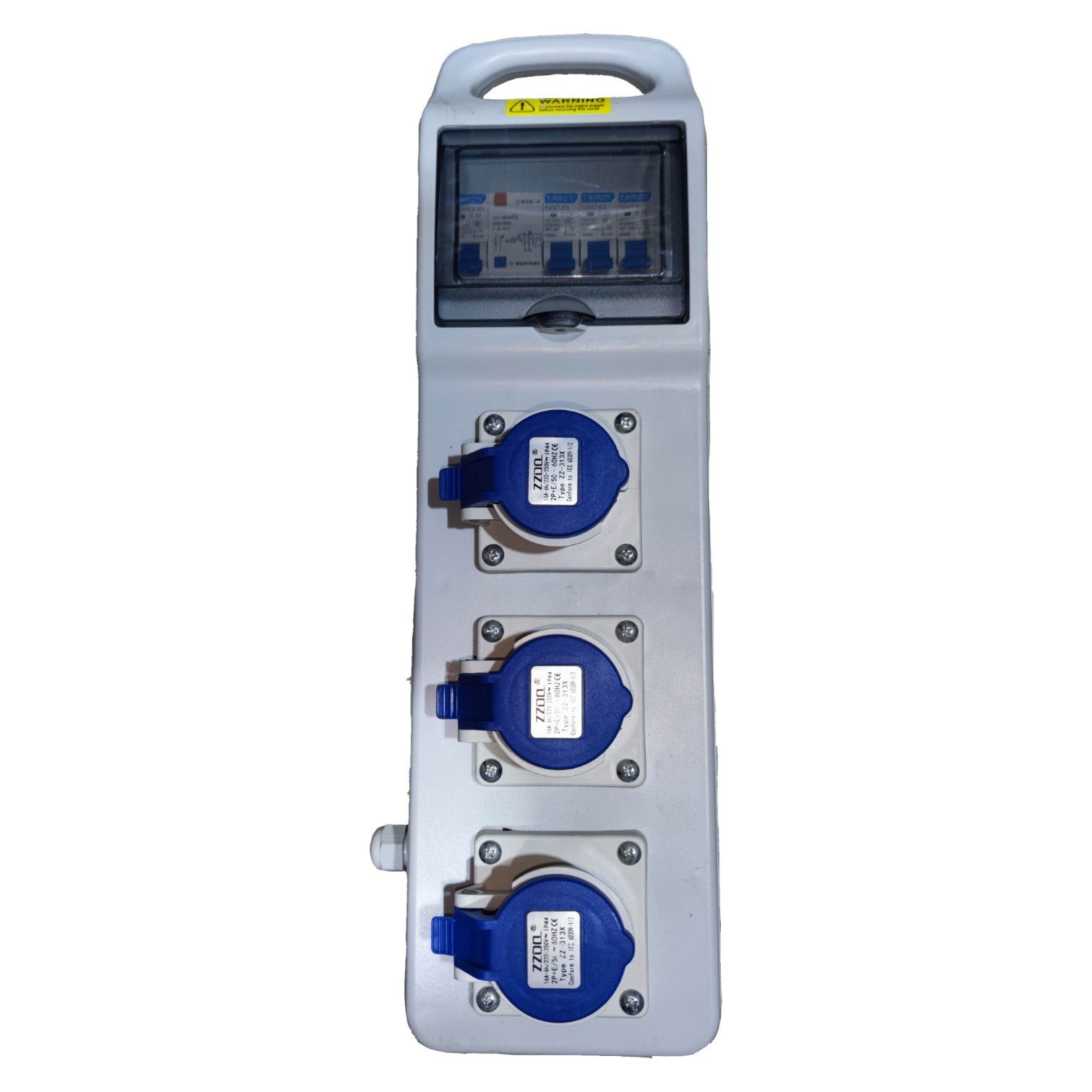 Electrical panel with multiple blue outlets on a white background Grippes Industrial Extension Outlet 3 x 16A 2P+E IP44 ( 3 Pins) 220V with Circuit Breaker Protection Device Electx Electrical Supply