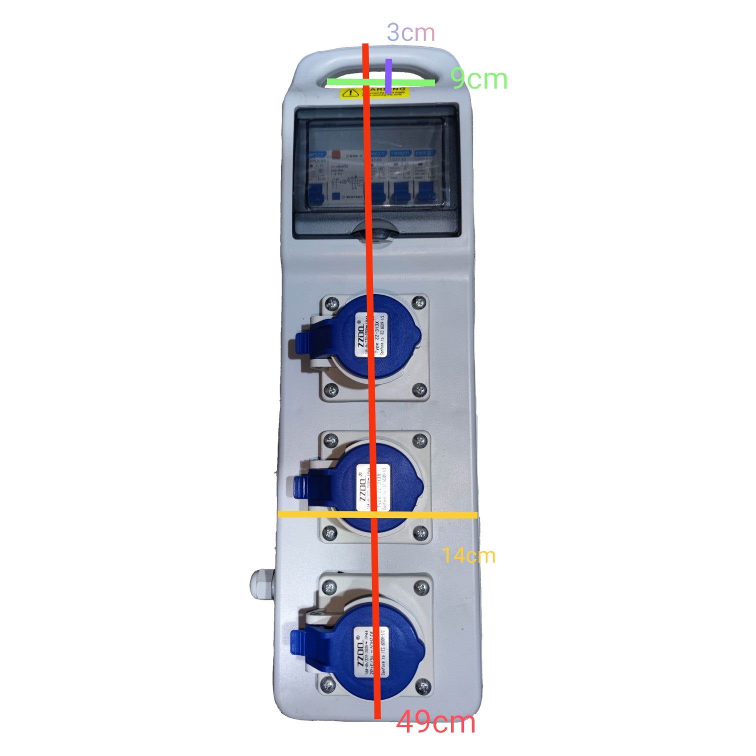 Electric meter with dimensions marked on a white background Grippes Industrial Extension Outlet 3 x 16A 2P+E IP44 ( 3 Pins) 220V with Circuit Breaker Protection Device Electx Electrical Supply