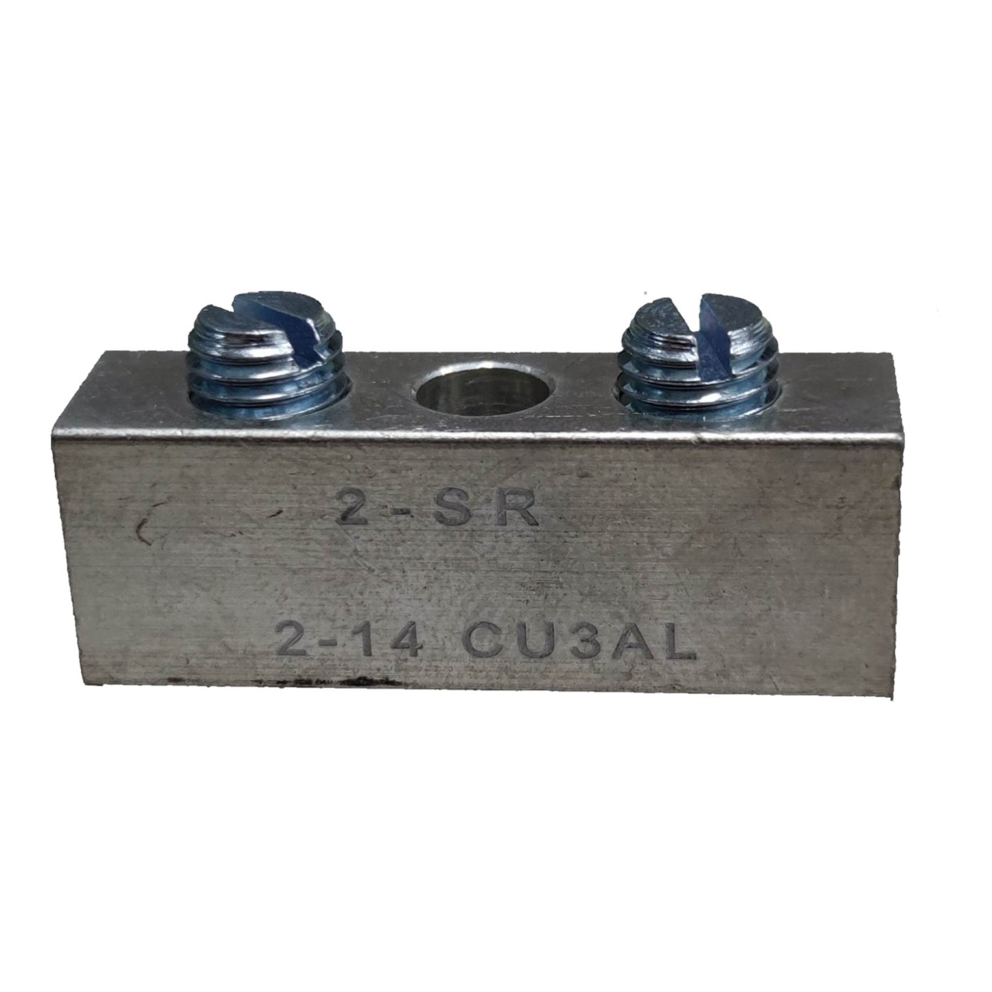Metal component with threaded holes and engraved text on a white background