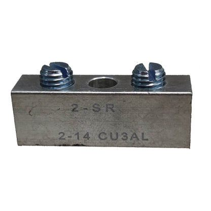 Metal component with threaded holes and engraved text on a white background