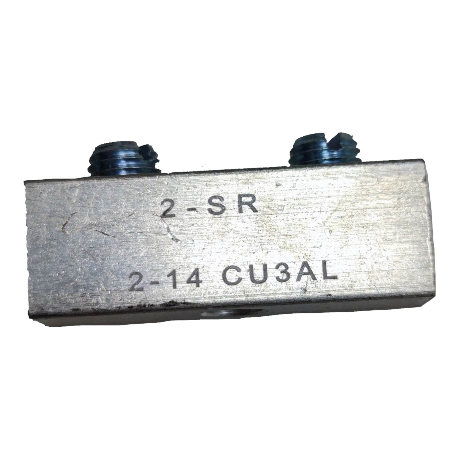 Metal component with threaded ends and engraved text on a white background
