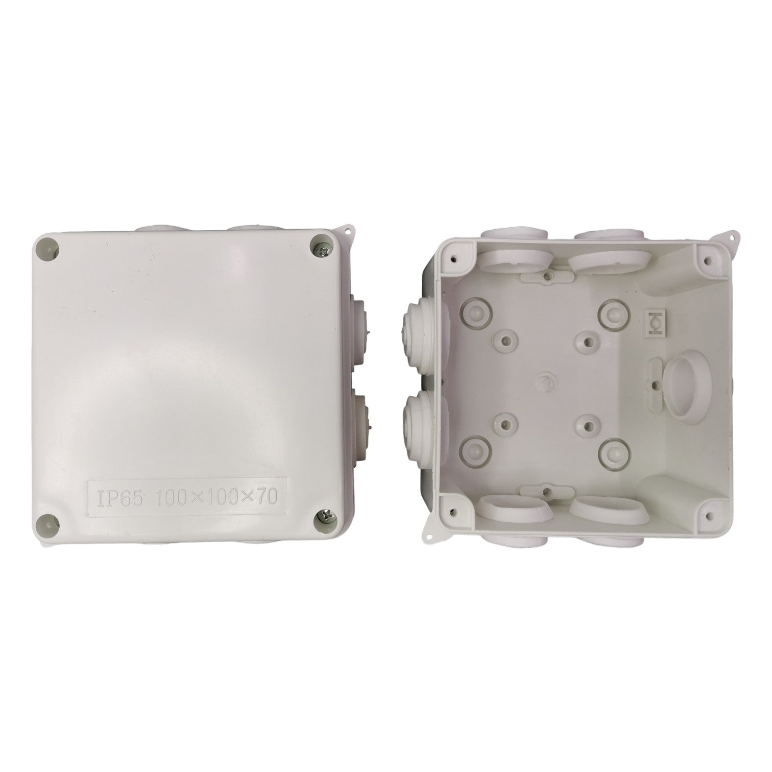 Two white plastic junction boxes on a white background