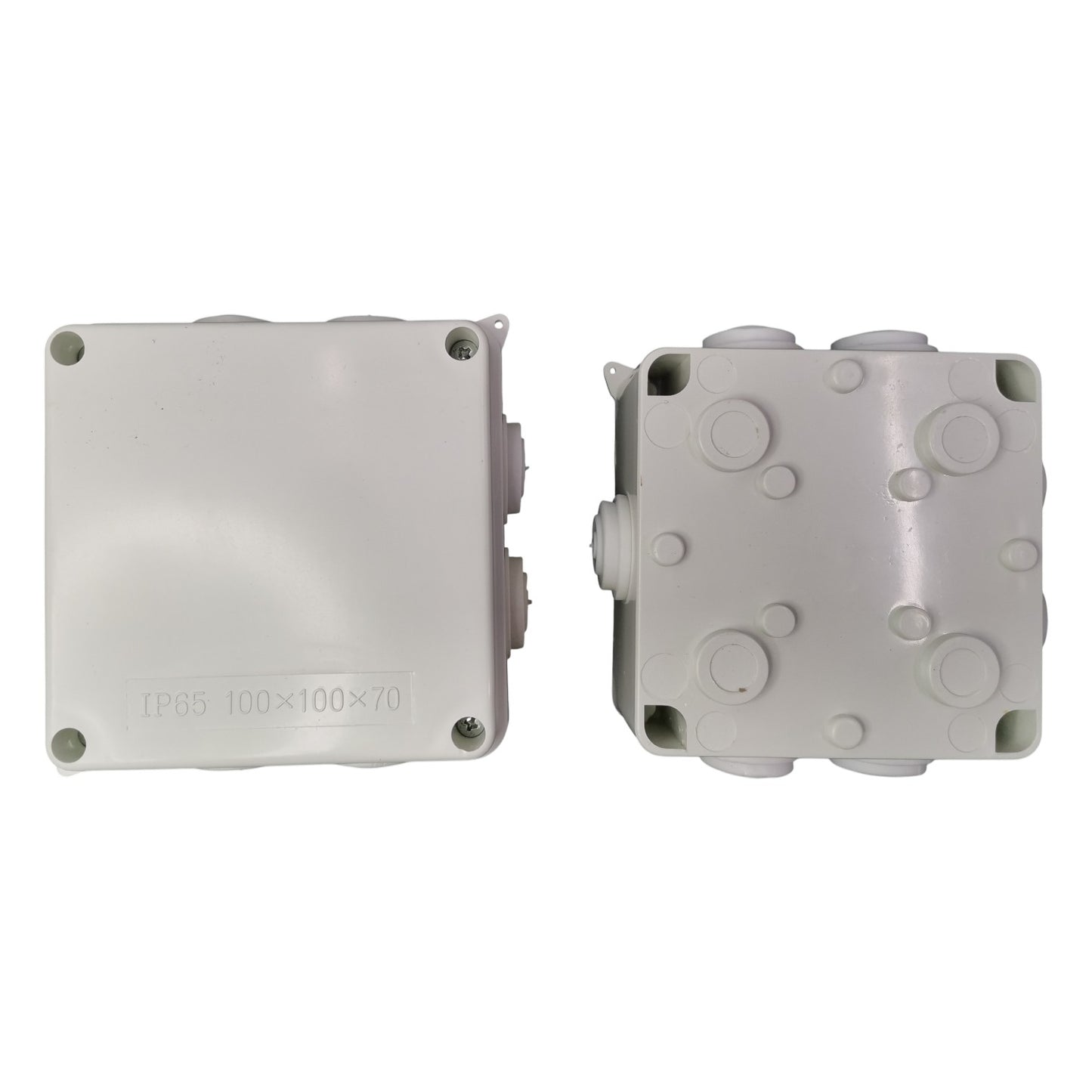 Two gray plastic junction boxes on a white background