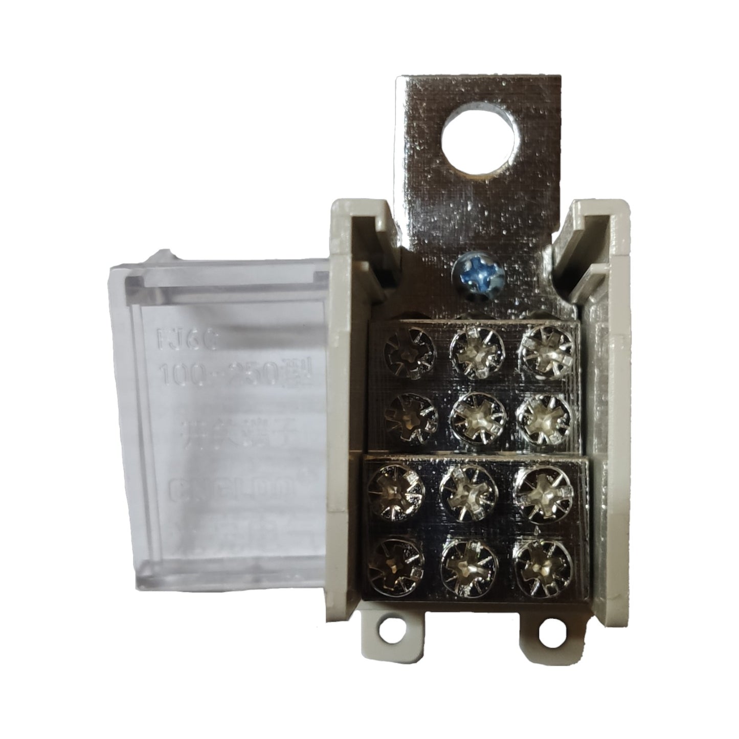Electrical component with multiple screws on a white background