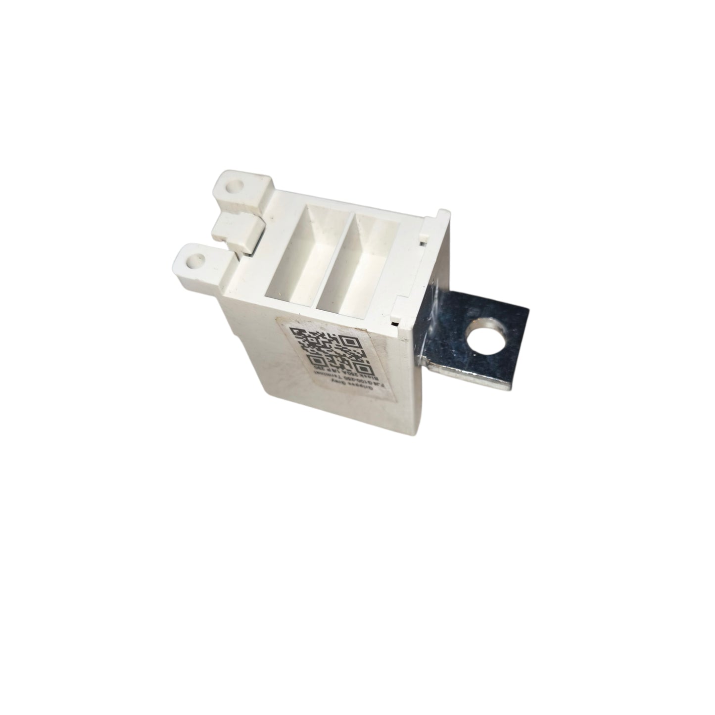Rectangular white component with metal bracket on a white background