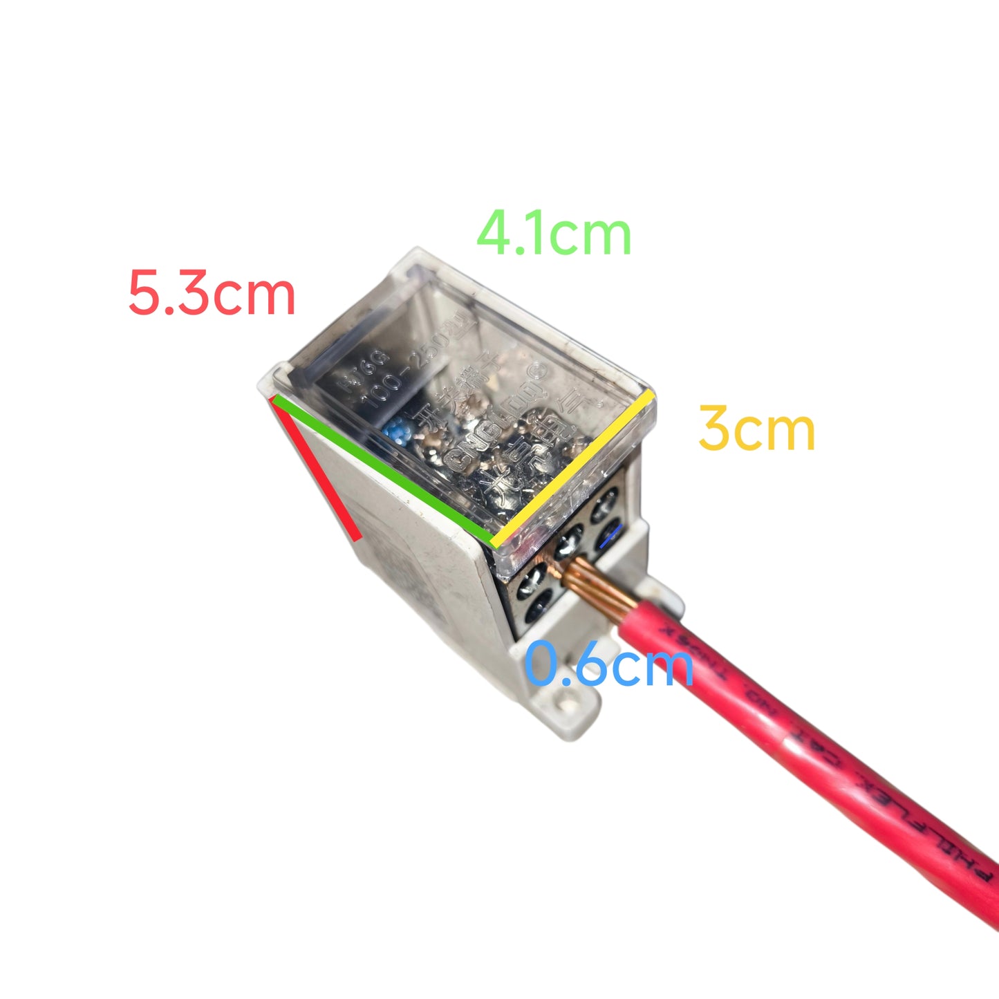Electronic component with labeled dimensions on a white background