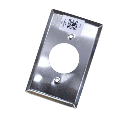 Metallic plate with a circular hole and QR code label on a white background Grippes Twist Lock Outlet Metal Plate 39mm Hole 9221 Electx Electrical Supply